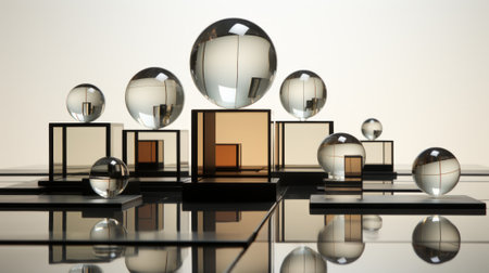 A stunning display of reflective glass balls on a sleek table, mirroring the indoor design and capturing the essence of transparency and elegance against the textured wallの素材