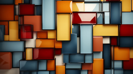 A vibrant display of abstract rectangles in various shades of orange creates a colorful wall that evokes feelings of creativity and modern art within the buildingの素材