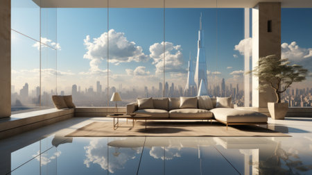 A modern studio couch sits next to a large window, reflecting the sky and cityscape in its sleek design, inviting you to relax and take in the indoor-outdoor architectureの素材