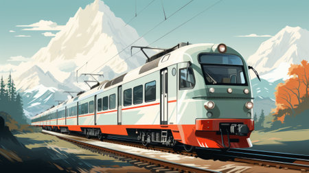A majestic train chugs through the scenic mountains, its rolling stock and electric locomotive a symbol of reliable and efficient transport connecting the sky and land for all passengers to enjoyの素材