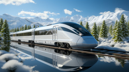 Against a snowy mountain backdrop, a train races along its tracks, its reflection mirroring the cloudy sky above, a symbol of public transport and the journey aheadの素材
