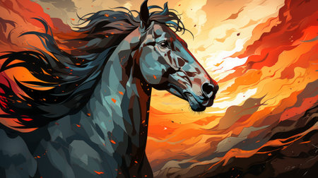 An electric equine masterpiece, its fluid form captured in vibrant strokes of acrylic, a fusion of cartoon and modern art that ignites the soulの素材