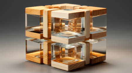 A rustic wooden cube is surrounded by a colorful display of clear blocks, evoking feelings of nostalgia and creativity in this indoor lego-inspired sceneの素材