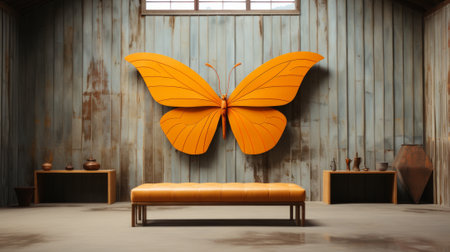 A vibrant wooden butterfly sculpture adds a whimsical touch to the indoor room, its orange wings gracefully hovering above the ground against the backdrop of a rustic wallの素材