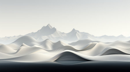 A majestic white mountain stands tall against a moody grey sky, overlooking a desolate desert landscape shrouded in thick fogの素材