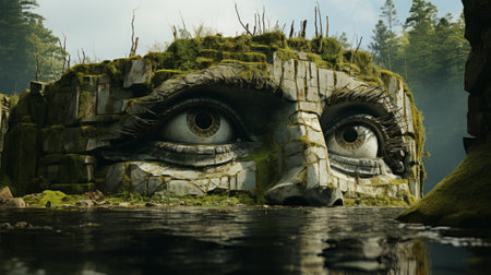 A stoic stone face gazes upon the tranquil sky, surrounded by a lush landscape of floating trees and a serene lake reflecting the beauty of natureの素材