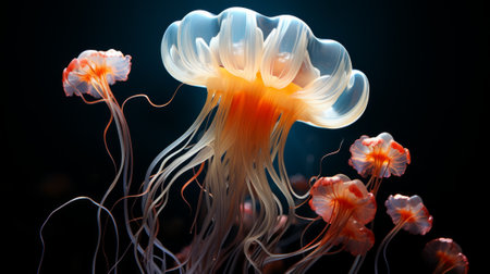 A mesmerizing display of bioluminescent jellyfish, their long tentacles gracefully dancing in the water, showcasing the stunning diversity of marine invertebrates in an aquariumの素材