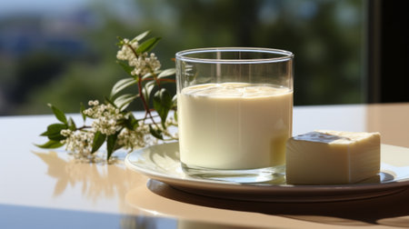 A creamy lassi pairs perfectly with the rich, buttery flavor of a freshly poured glass of dairy milk on a rustic wooden table, creating a cozy and inviting indoor sceneの素材