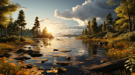 The tranquil lake reflects the vibrant hues of a fiery autumn sunset, framed by a lush forest and dotted with rocks and treesの素材