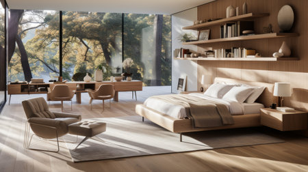 A cozy, modern living space in a penthouse apartment, featuring a large window overlooking the city, with a stylish sofa bed and loveseat, accented by plush pillows and a sleek coffee tableの素材
