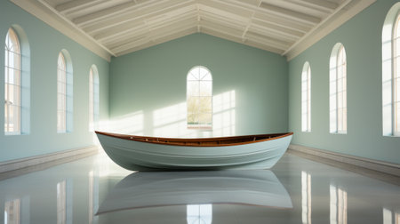 A rustic boat hangs from the ceiling, adding a touch of nautical charm to the elegant interior design of this indoor room with a large window overlooking the wallの素材