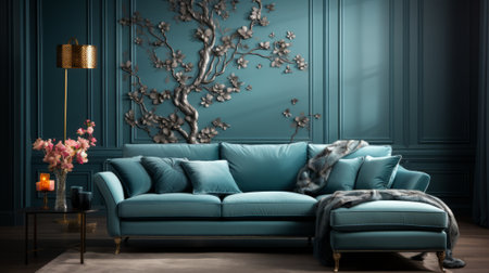 A cozy studio couch sits against a vibrant blue wall, adorned with a vase of fresh flowers, inviting you to sink into its soft embrace and escape the stresses of the worldの素材