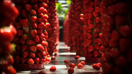 A vibrant field of fresh, local strawberries in neat rows, bursting with flavor and the promise of natural goodnessの素材