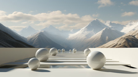 A serene landscape of snow-capped mountains, the endless expanse of sky above dotted with fluffy clouds, and a solitary white ball resting on the pristine surfaceの素材