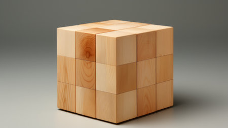 A sleek, modern design of a wooden cube adorned with countless squares rests gracefully on the floor, bringing a touch of elegance and warmth to the indoor spaceの素材