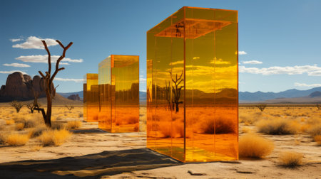 The vibrant orange glass boxes stand boldly against the desert landscape, surrounded by vast skies, wispy clouds, and the hardy plants and trees that cling to the rugged mountainsの素材