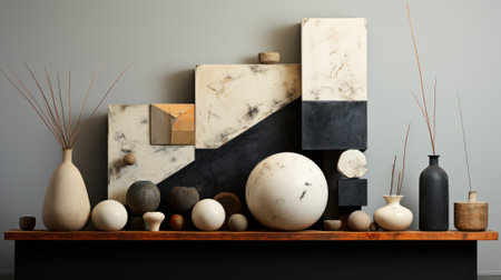 A carefully curated still life on a wall shelf, featuring a vase and bottle as art pieces, creates a captivating indoor sceneの素材