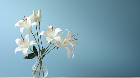 A delicate lily, with its soft petals reaching towards the sky, rests peacefully in an indoor vase, its pedicel serving as a reminder of the beauty of nature within our own homesの素材