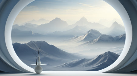 A tranquil landscape captured through a foggy window, with a solitary white vase standing tall on a table amidst a majestic mountain rangeの素材