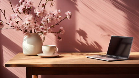 A cozy and productive indoor workspace, complete with a wooden desk, laptop, and vase of fresh flowers, invites one to sit and enjoy a warm cup of coffee while working against a backdrop of wallの素材