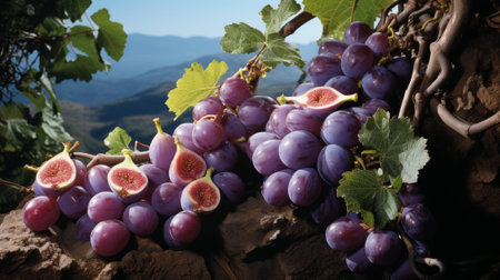 Nature's bounty in full view as plump, juicy grapes dangle from the verdant vines of a picturesque vineyard nestled among the rugged mountains, promising the sweet taste of seedless fruitの素材