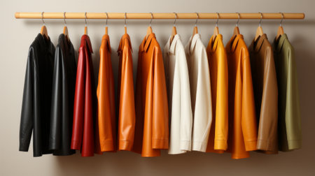 A stylish wall of leather jackets hangs in a closet, creating a fashionable line that exudes a sense of sophistication and adventureの素材