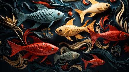Vibrant strokes of paint bring a school of glistening goldfish to life, their colorful scales swimming in harmony as a beautiful work of artの素材