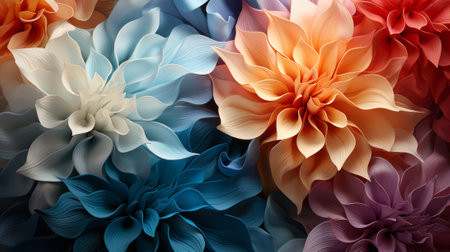 A vibrant display of annual dahlias, each petal bursting with color, forms a breathtaking group of blooming flowersの素材