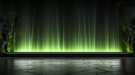 The vibrant green light cast upon the stage, illuminating the indoor setting as the curtains draw back to reveal the beginning of a captivating performanceの素材