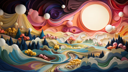 Vibrant colors and whimsical characters bring this handcrafted paper landscape to life, blending the beauty of painting with the charm of a cartoonの素材