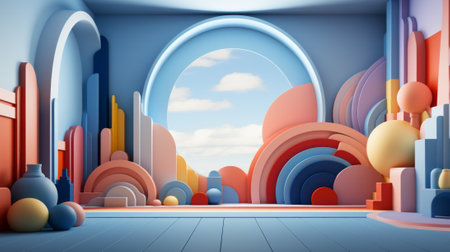 Through the large window, the sky poured in, painting the room with vibrant hues and abstract shapes, creating a surreal image of a dreamlike worldの素材