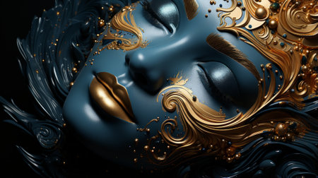 The vibrant blue and shimmering gold mask adorned with intricate bronze designs evokes a sense of artistic elegance and regal opulenceの素材