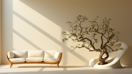 A cozy studio couch sits against a rustic brick wall, accented by a lush indoor tree and adorned with plush pillows, creating a serene interior designの素材