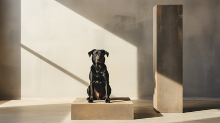 A stoic black dog perches atop a stone block, blending into the wall as if a living statue of loyalty and graceの素材