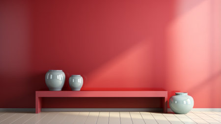 A vibrant red wall adorned with delicate white vases on a shelf, creating a stunning still life of ceramic beauty and modern design in an indoor settingの素材