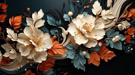 Delicate petals and intricate leaves intertwine in a striking black and white floral design, evoking a sense of elegance and beauty through the art of natureの素材