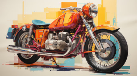 Vibrant digital artwork showcasing an orange and blue motorcycle with chrome accents. Its streamlined design, wide curved handlebars, and knobby tires suggest it is an off-road bikeの素材