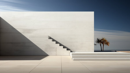 Amidst the endless blue sky, a majestic white building stands tall, its intricate architecture adorned with a solitary palm tree and a grand staircase, a harmonious blend of art and natureの素材