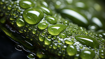 Glistening moisture clings to a vibrant green leaf, each dewy drop reflecting the tranquility of nature's rain-kissed embraceの素材