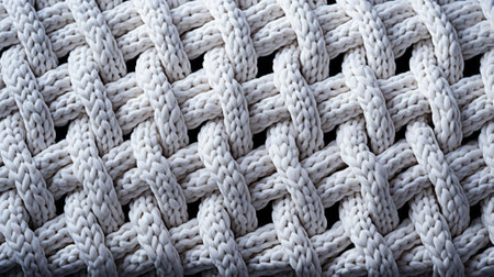 Delicate strands of thread intertwine in a mesmerizing pattern on the soft white fabric, evoking feelings of warmth and intricacy in this stunning knitted masterpieceの素材