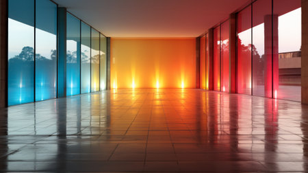 A vibrant display of contemporary art, as the colorful lights dance across the reflective floor, bringing the sky indoors and illuminating the intricate architecture and wallsの素材