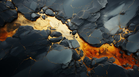 A mesmerizing display of contrasting colors and textures as a reflective stream cascades over an abstract black and gold rockの素材