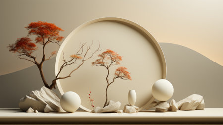 A stunning piece of indoor art, showcasing a delicate vase filled with vibrant orange leaves, placed against a clean white wall adorned with a round white objectの素材