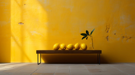 A vibrant still life in an inviting indoor space, where a collection of lemons sit on a wooden bench against a yellow wall adorned with eclectic art, creating a harmonious fusion of nature and designの素材