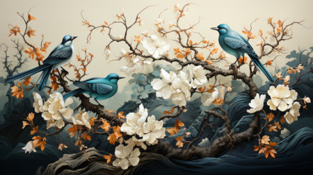 A vibrant painting capturing the lively energy of a flock of blue birds perched upon a tree branch adorned with delicate white and orange flowersの素材