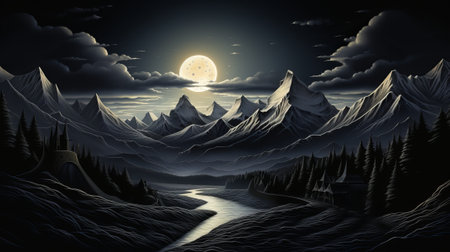 Under the luminous moon, a winter river winds through a serene valley nestled between majestic mountains and frosted trees, painting a tranquil outdoor landscapeの素材