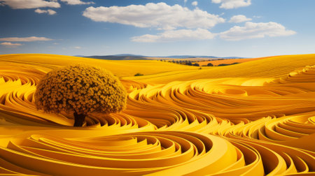 A solitary tree stands tall amidst the vast yellow field, its branches reaching towards the endless sky, a symbol of resilience in the harsh desert landscapeの素材