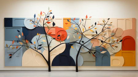 A vibrant, contemporary painting of a tree with lush leaves stands boldly against a colorful indoor wall, evoking a sense of modern art and the visual artsの素材