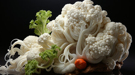 Delicate petals of white cauliflower bloom indoors, a reminder of the beauty and nourishment found in nature's bountiful harvestの素材