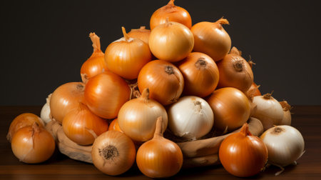 A vibrant assortment of root vegetables, including shallots, garlic, and red onions, sit proudly in a rustic basket, showcasing the beauty and nourishment of local, whole foodsの素材